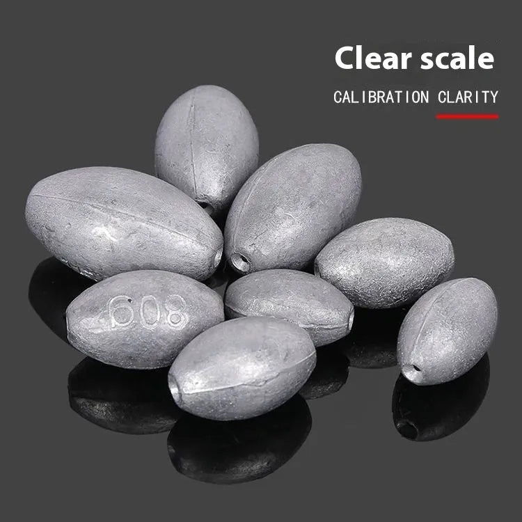 Olive coloured rugby-shaped fishing sinker with scale pattern, showing 10g to 150g weight options