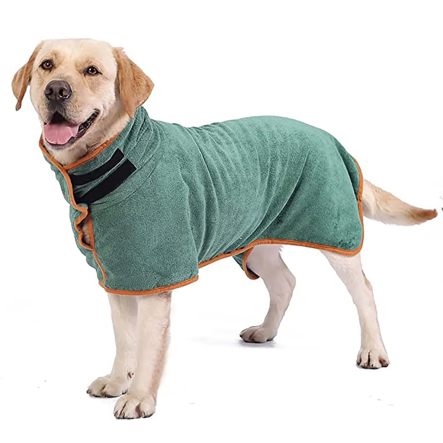 Nylon dog robe cat bath towel in grey with orange edge trim, available in five sizes from XS to XL