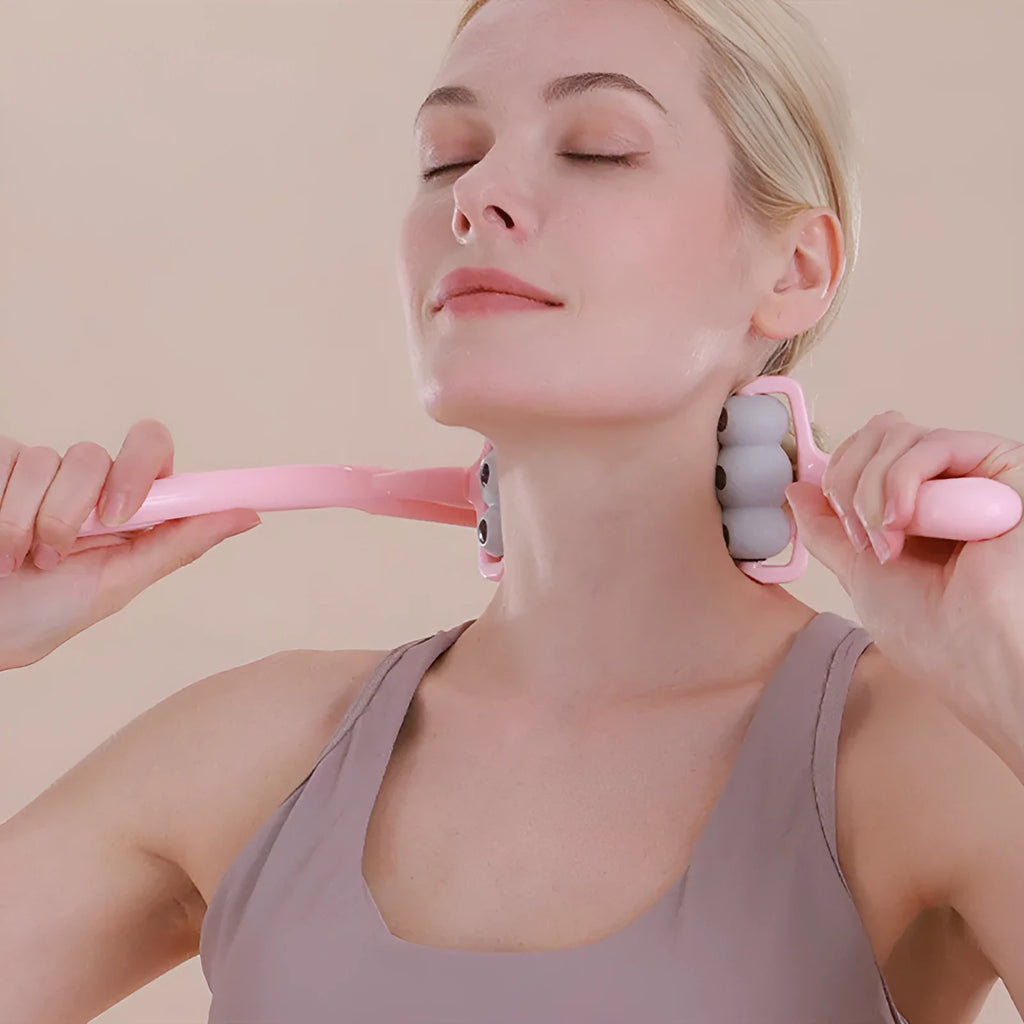 Magnetic therapy neck massager manual clip with twelve magnets in plastic, shown in blue, orange, pink or purple