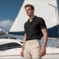 Men's loose fit short sleeve linen shirt in a solid colour, showing cardigan style and casual design.