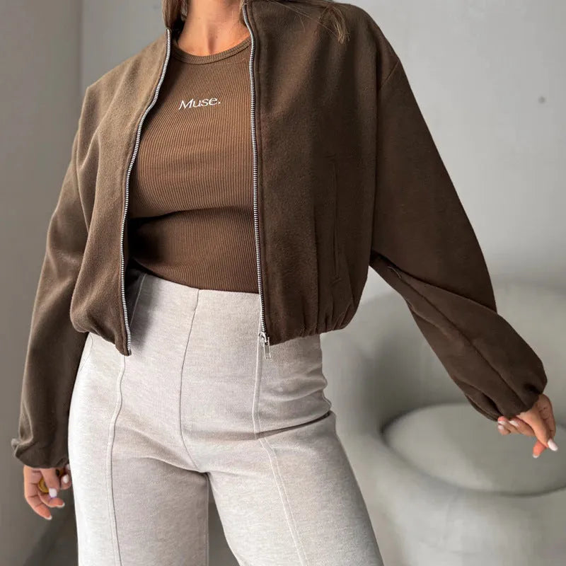 Women's milky white off-shoulder coat with lantern sleeves and round neck design