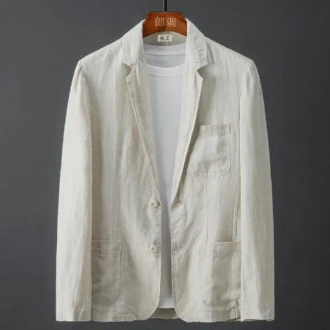 Men's slim fit linen suit jacket in chlorine fibre fabric with nine-point sleeves