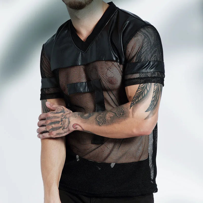 Black men's V-neck running T-shirt with stitching detail and breathable mesh polyester fabric