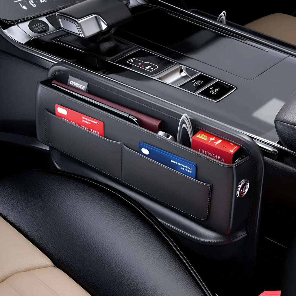 Black PU leather car seat gap storage organiser with data cable hole, placed between seat and central console