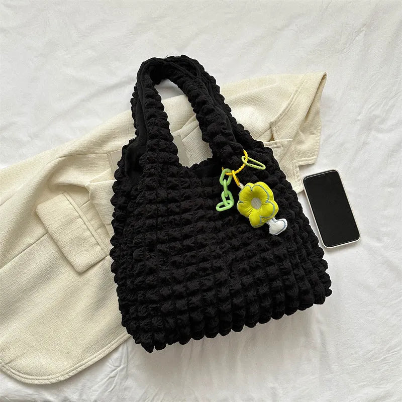 Women's pleated bubble crossbody handbag in soft polyester with pendant accessory