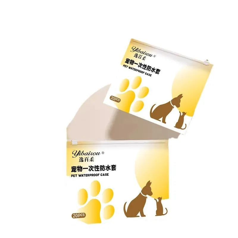 A pack of 20 white disposable non-woven fabric shoe covers for small or medium dogs on a blue background.