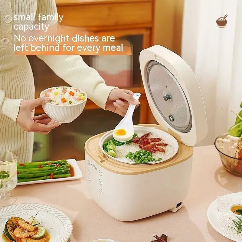Beige or white 3L rice cooker with black crystal inner pot and six function controls
