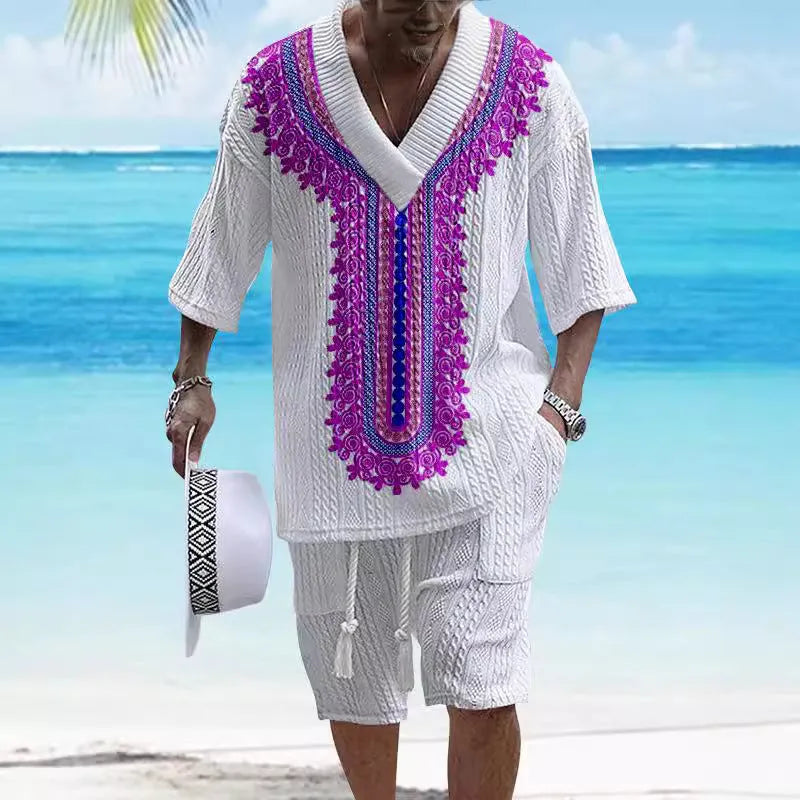 Men's knitted shorts suit set with printed drop-shoulder short sleeve top and matching shorts