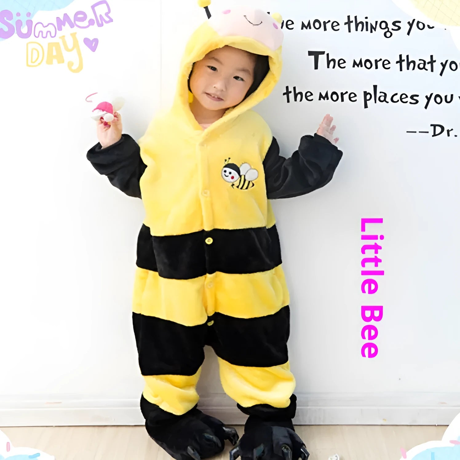 Children's carton animal bee one-piece flannel pajamas in Three-dimensional Bee colour with long sleeves