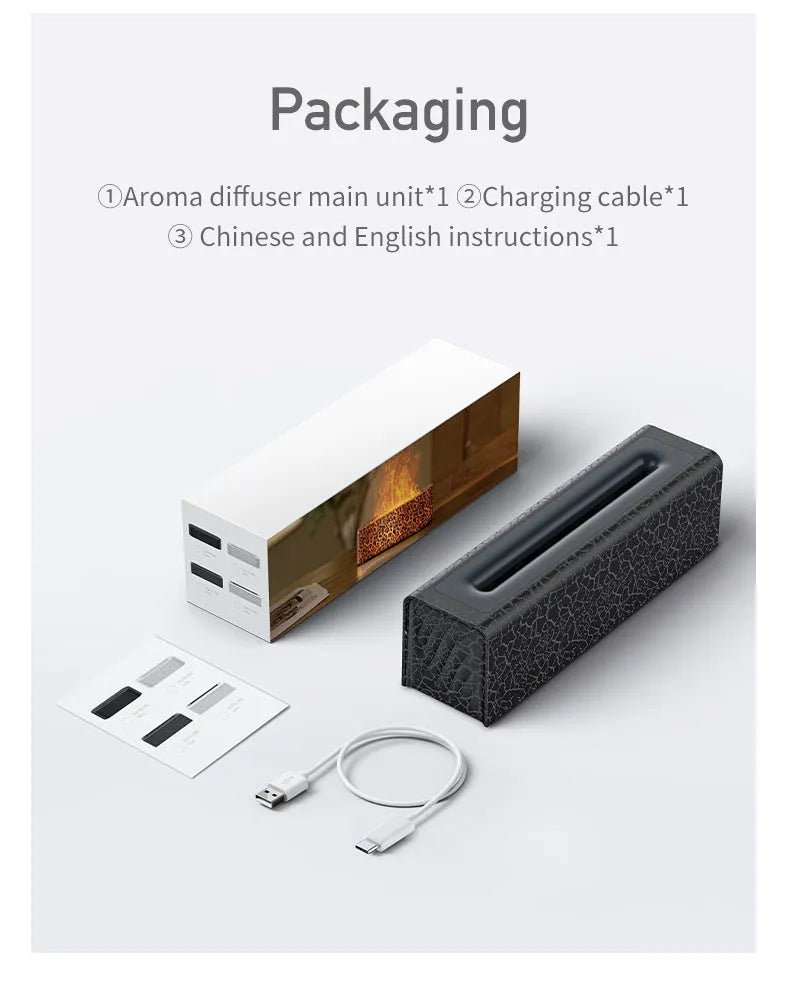 Square black and white USB-powered lava flame aroma diffuser and humidifier on a desktop