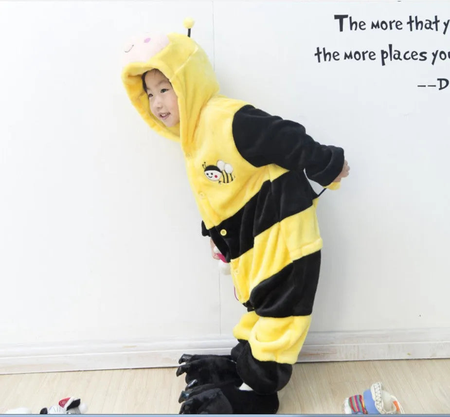 Children's carton animal bee one-piece flannel pajamas in Three-dimensional Bee colour with long sleeves