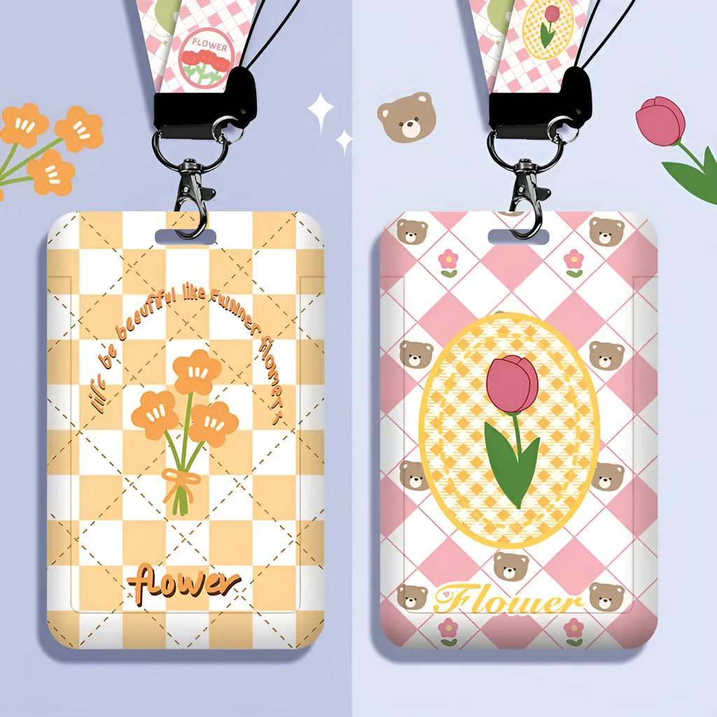 Student ID card hanging neck strap with plastic sleeve in cartoon bear and flower designs