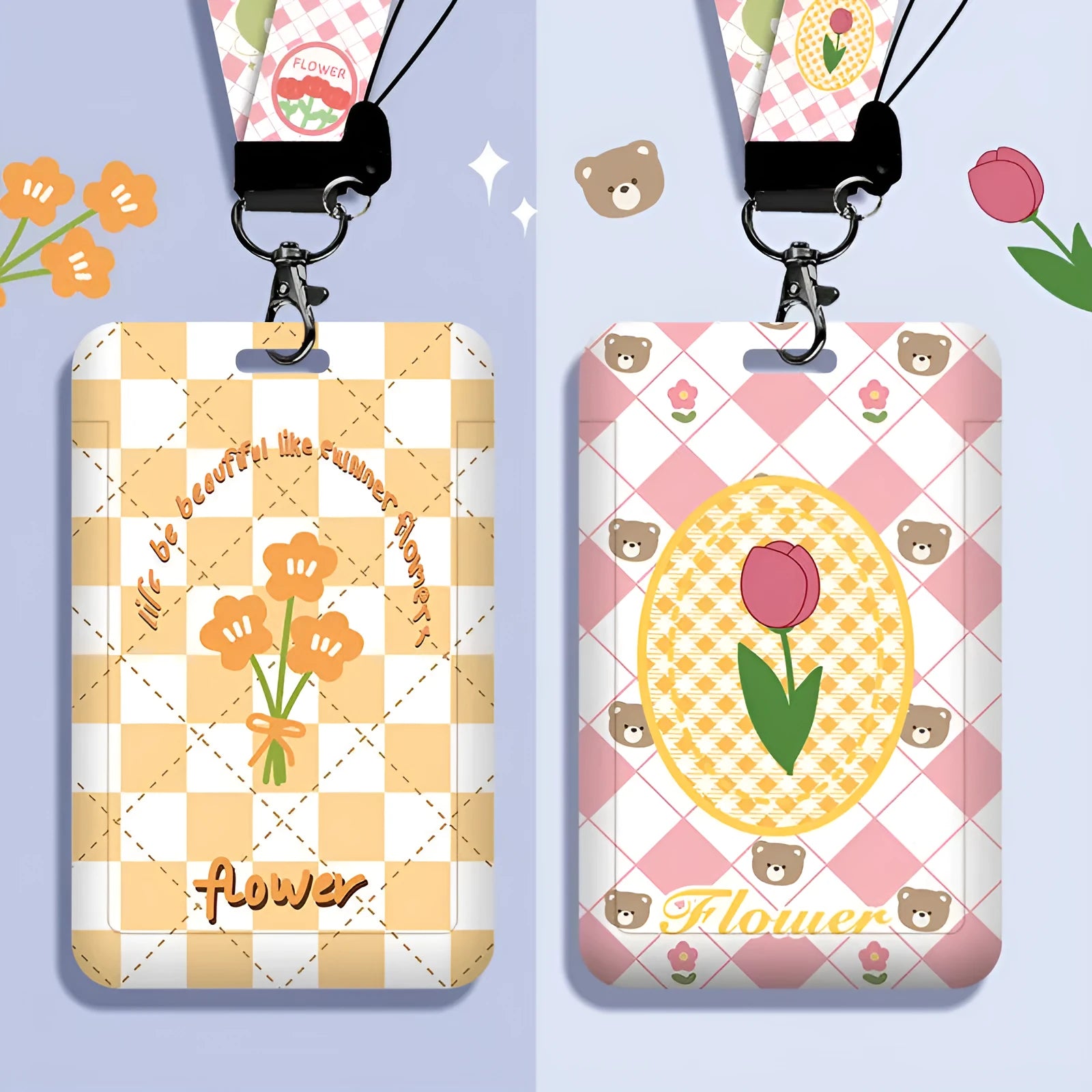 Student ID card hanging neck strap with plastic sleeve in cartoon bear and flower designs