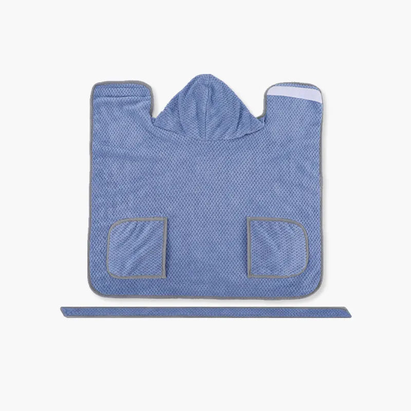 Blue adjustable dog bath robe towel wrapped around a dog, showing the waistband fastener and absorbent fabric.