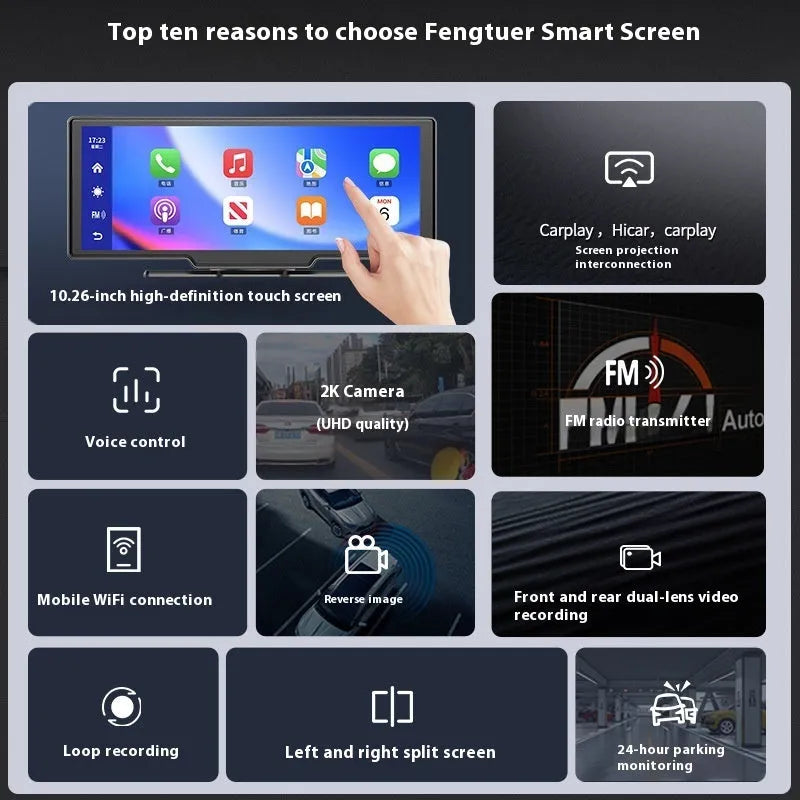10-inch car smart touch screen with Apple CarPlay and front and rear recording camera