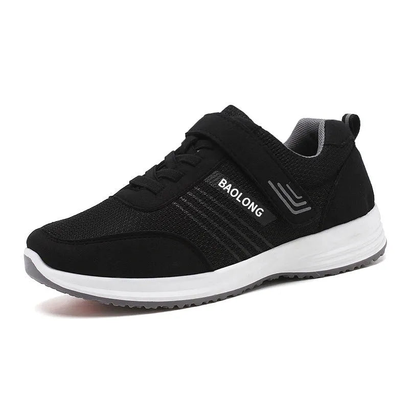 Breathable mesh walking shoes for elderly with non-slip soft sole in black, unisex lace-up design
