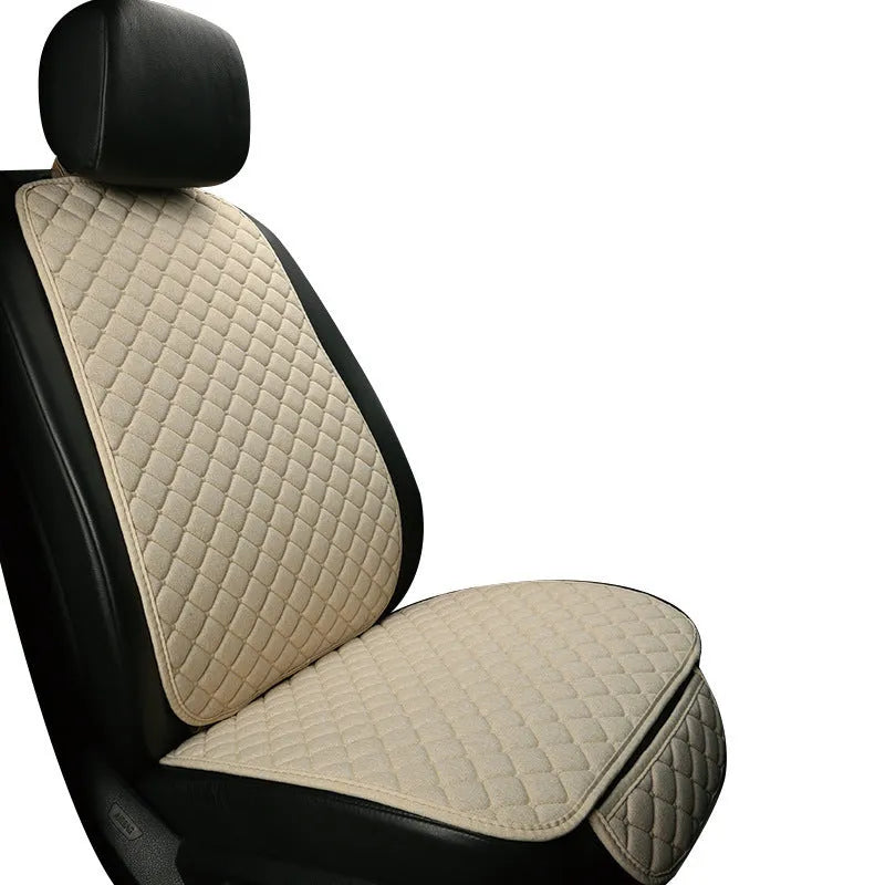 A linen universal car seat cushion shown in a classic black colour variant.
