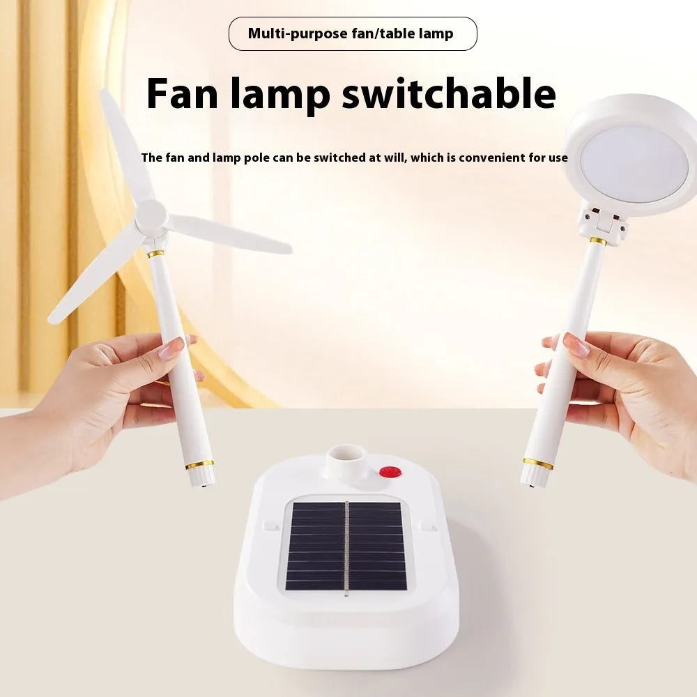 Ivory white solar table fan and LED study lamp combo with ABS shade and button controls