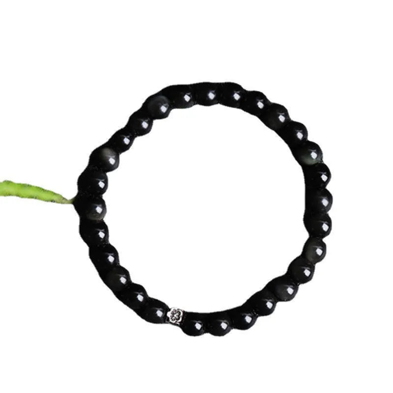 Natural obsidian bracelet with S925 sterling silver dragon phoenix decorations and constellation design on 6mm beads