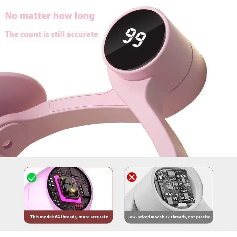 Pink and purple pelvic floor muscle trainer with rubber-coated handles and three resistance settings
