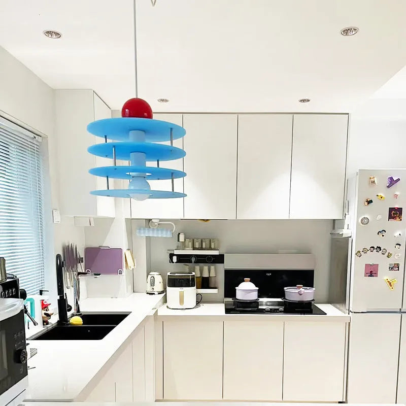 Personalised macaron adjustable chandelier with frosted blue shade for restaurant dining room