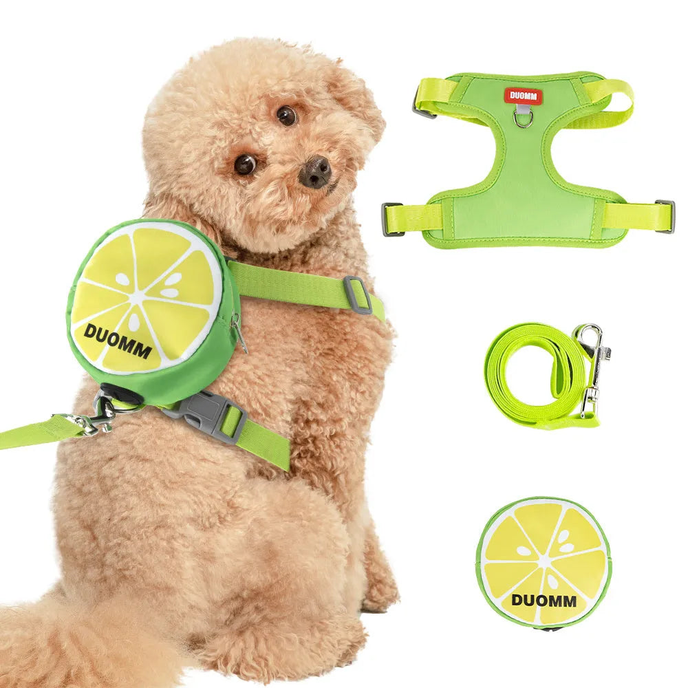 Green pet backpack and chest strap set with traction rope for dogs or cats