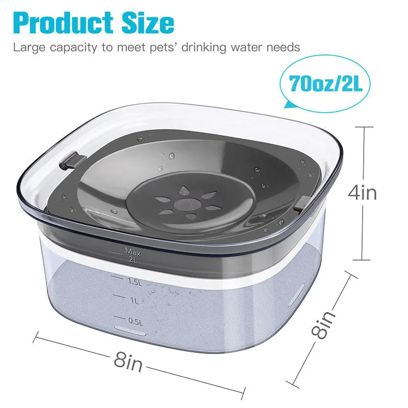 Transparent large 2-litre dog water bowl with floating slow drink disc on a non-slip base.