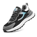 Men's low-top work shoes with suede and mesh upper, plastic steel toe cap, and PU sole.