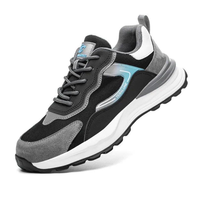 Men's low-top work shoes with suede and mesh upper, plastic steel toe cap, and PU sole.