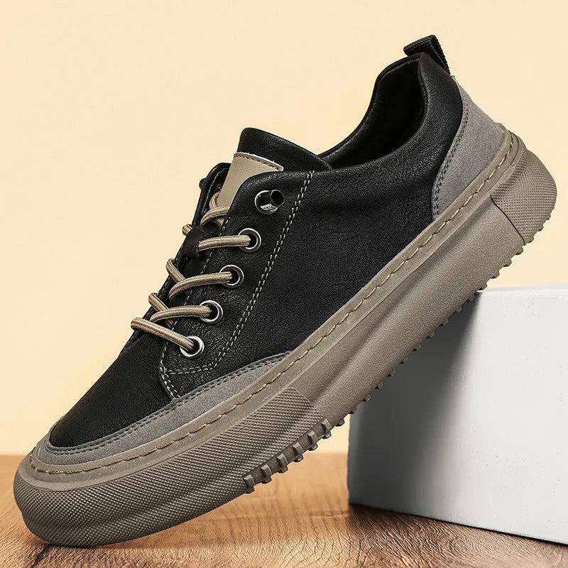 Men's black round toe leather casual shoes with microfiber uppers and rubber soles shown from side view