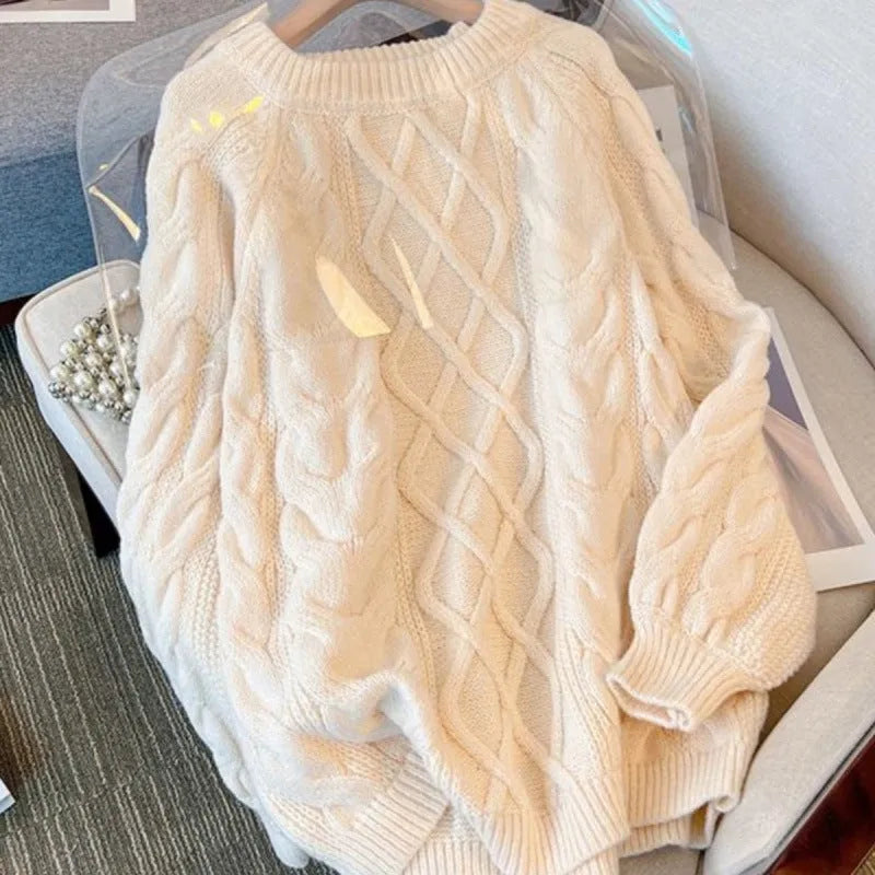 Japanese loose casual women's knitted sweater in red or beige, sizes S M L XL