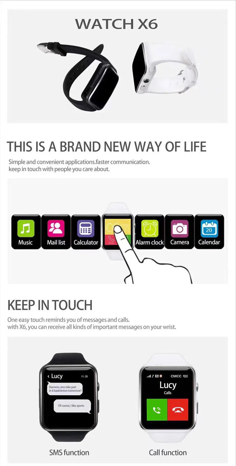 Smart watch with 1.54 inch touch screen and silicone strap showing display interface