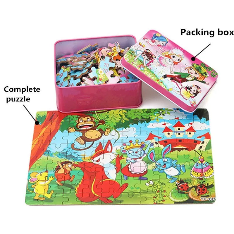 80-piece wooden jigsaw puzzle for kids age 3+, animal and transport styles in an iron box with non-toxic paint finish