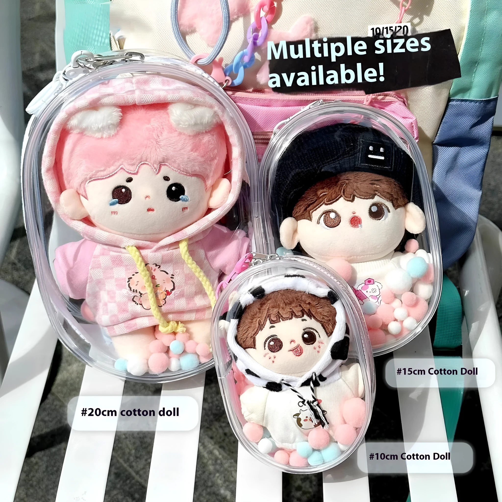 17cm transparent PVC cotton doll storage bag with keychain in avocado green colour