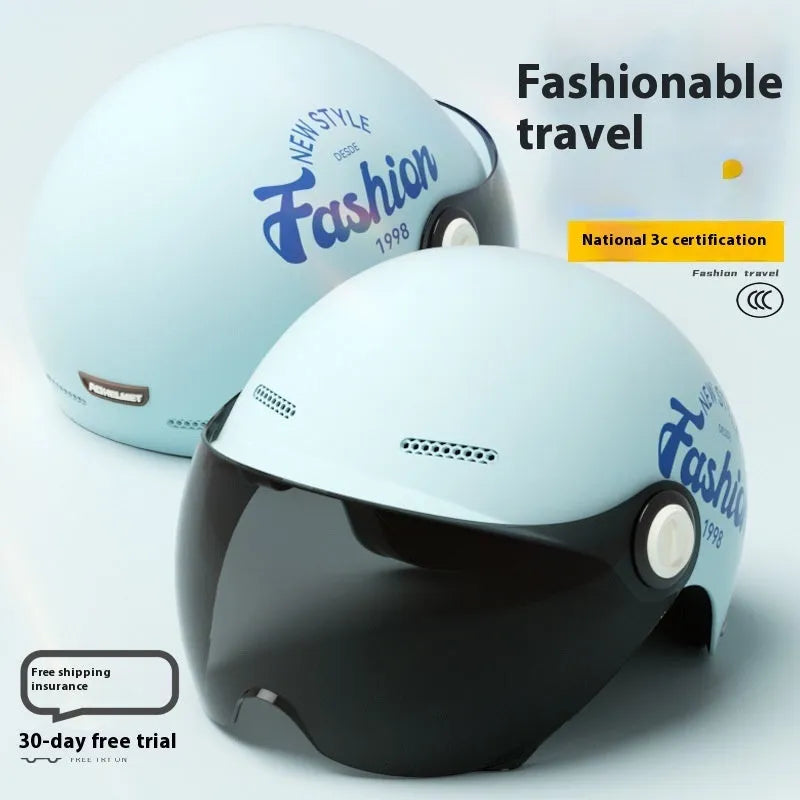 Women's four seasons universal battery car half helmet ABS in cyan with detachable short sun protection glasses
