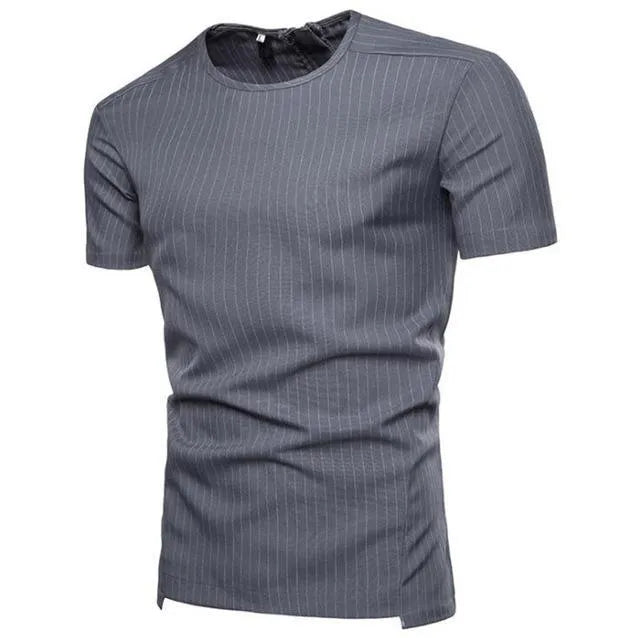 Men's cotton O-neck t-shirt in black with striped round neck design, available in sizes M to 3XL