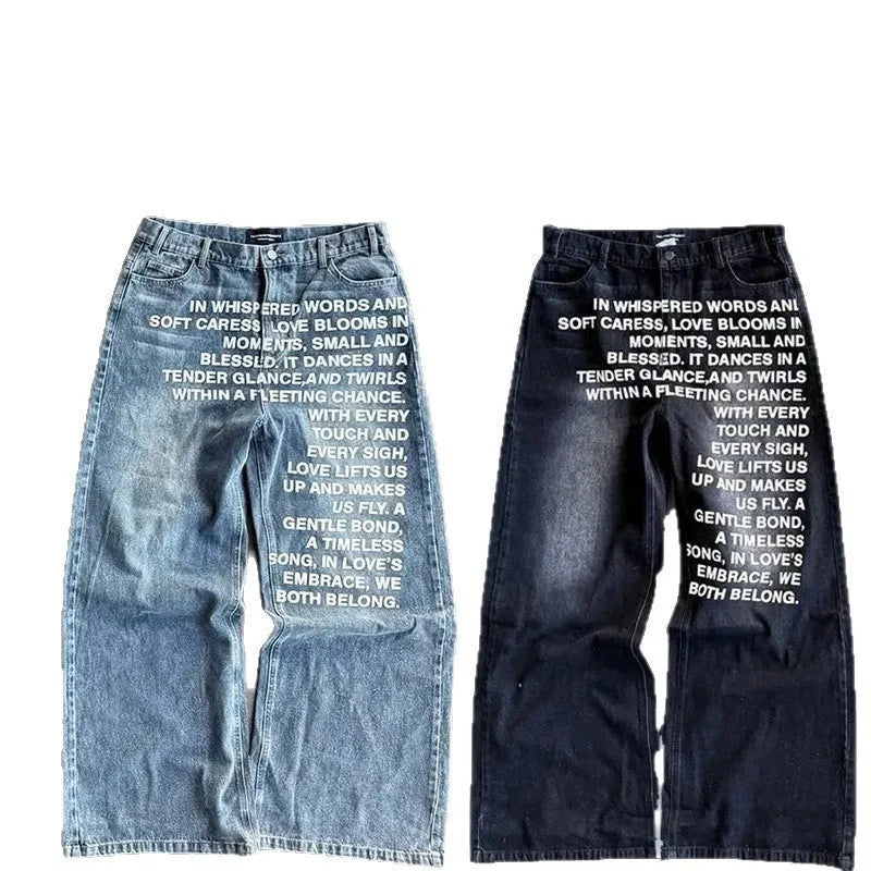 Men's black cotton wide-leg straight trousers with elastic waistband showing loose fit design