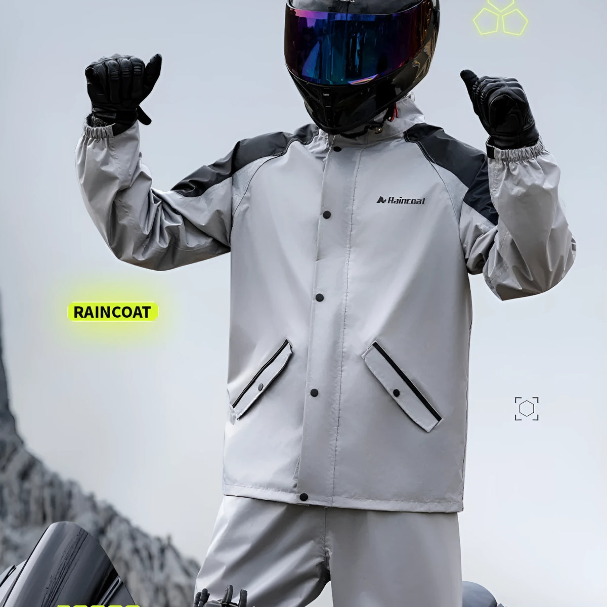Adult rainproof motorcycle raincoat in six colours with optional shoe covers, sizes M to XXXL