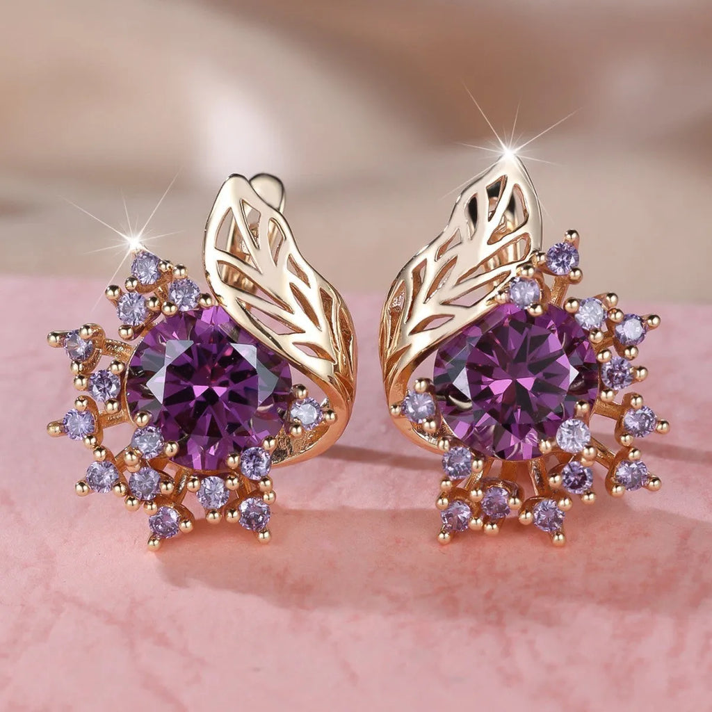 Round flower feather earrings with zircon stones in champagne gold finish, approximately 2-3cm diameter