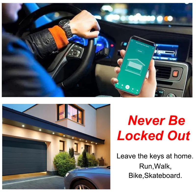 Black WiFi garage door controller with mounting accessories and user manual