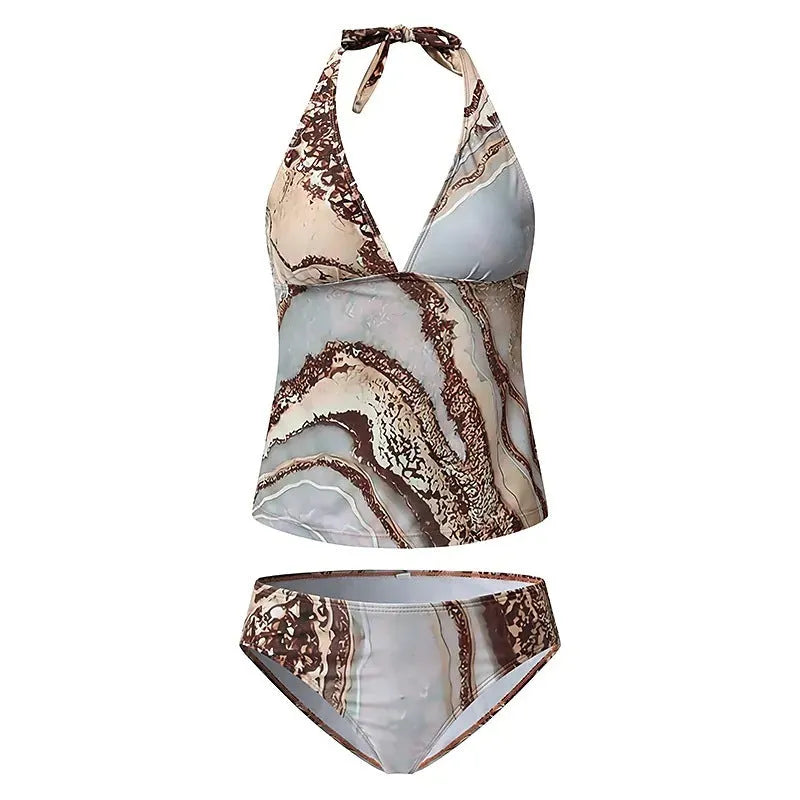Brown women's polyester bikini swimsuit set with classic split design