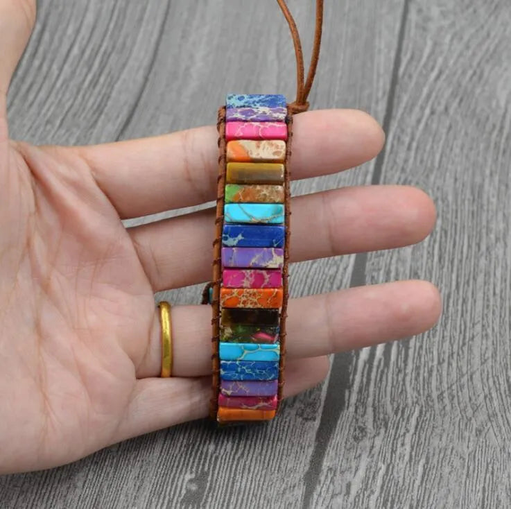 Handmade chakra bracelet with natural stone tube beads and leather wrap, easy-hook clasp, Bohemia style.