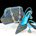 Women's pointed toe high heel shoes with matching bag, stiletto heel, rhinestone detail, on a colour selection background.