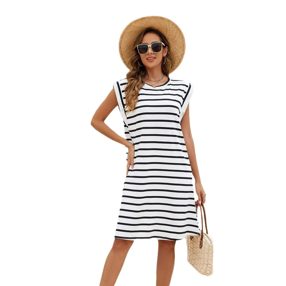 Black and white striped polyester beach cover-up blouse for swimming and wading