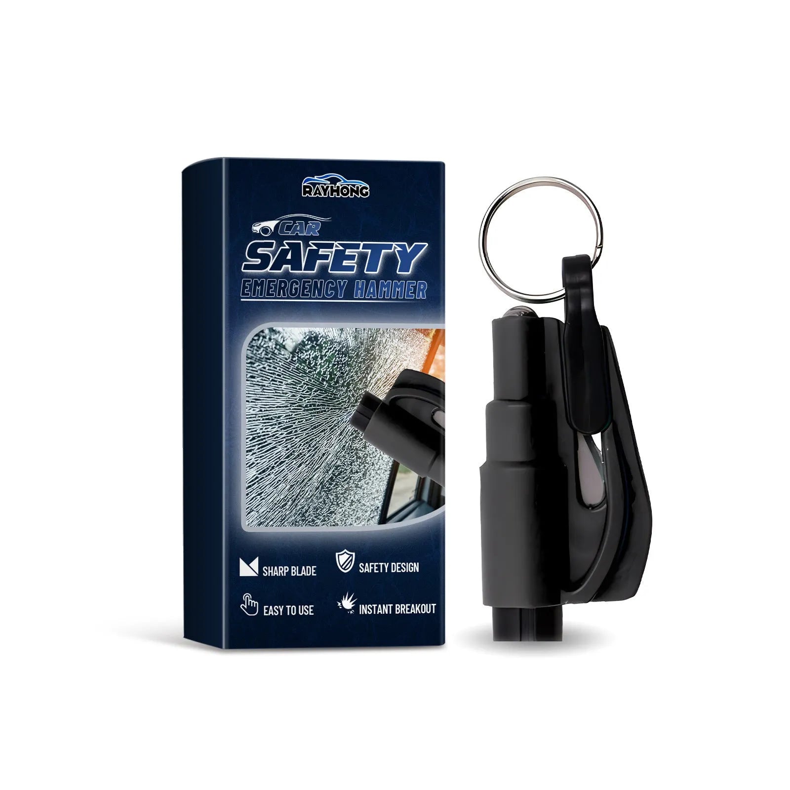 Compact black car emergency hammer with window breaker and seatbelt cutter tool for vehicle safety