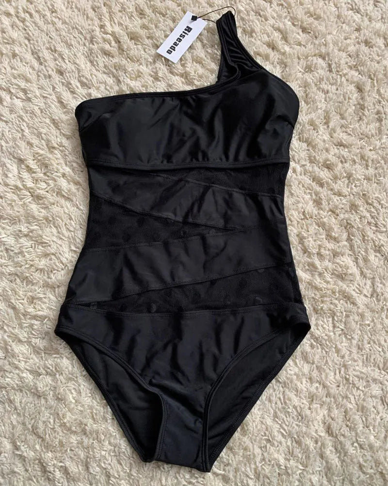 Women's one-shoulder nylon swimsuit in black, one-piece design with high elasticity and quick-dry fabric