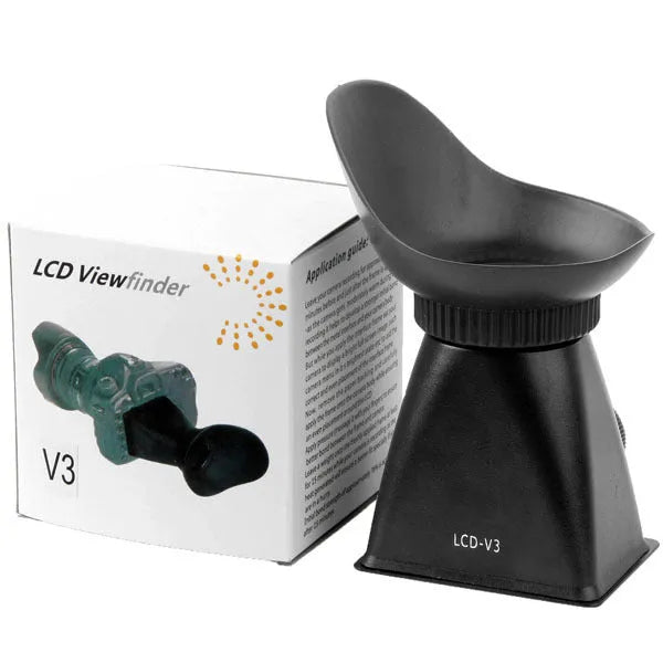 Black camera LCD viewfinder with magnification lens and magnetic mount on a DSLR.