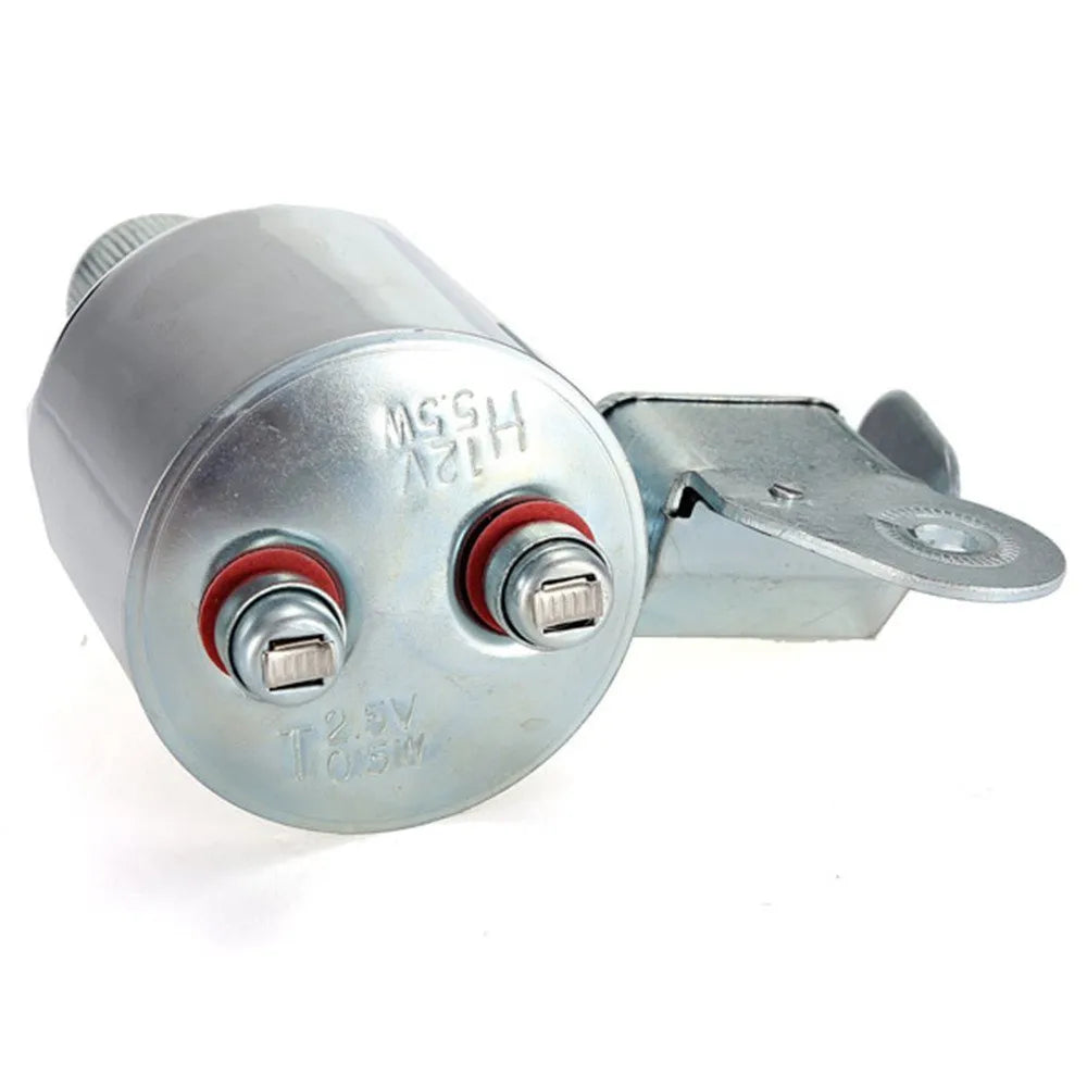 Silver bicycle dynamo generator light kit mounted on a bike frame for friction-powered 12V headlight and tail light