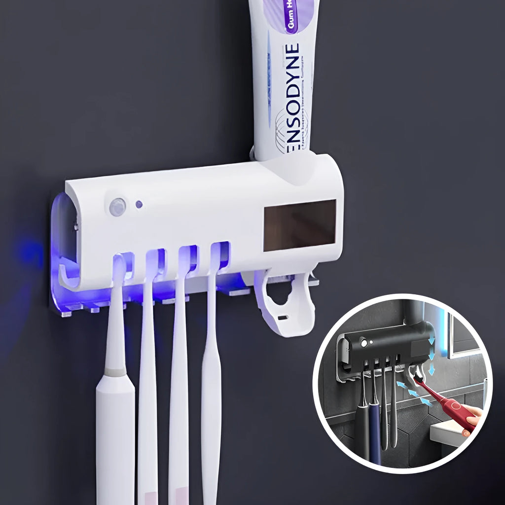 Black wall-mounted UV toothbrush steriliser and automatic toothpaste squeezer unit with solar panel.