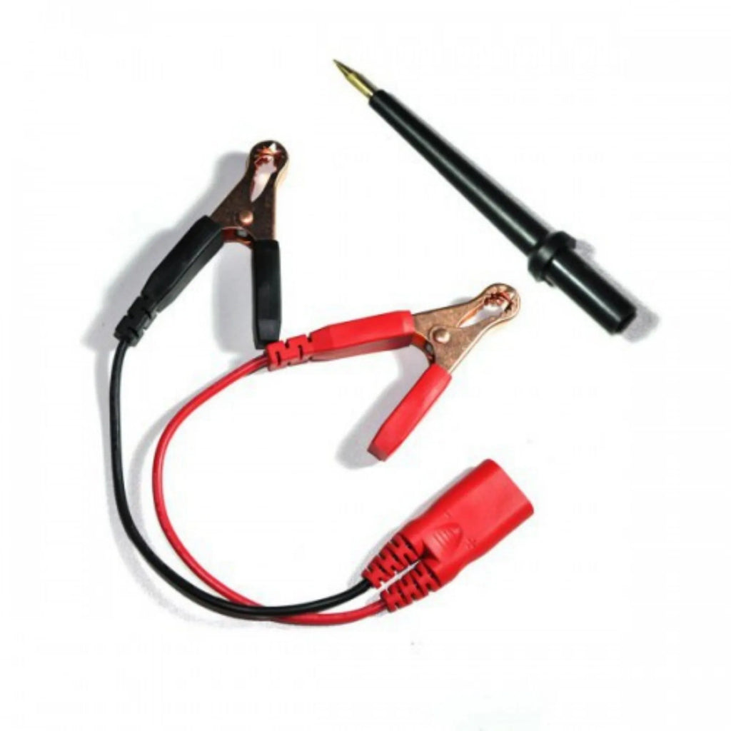 Blue PT150 automotive power circuit test pen with TFT display, shown with extension cable, probe, and protective case.